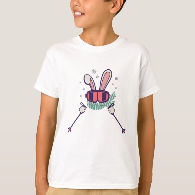Skiing Rabbit with ski poles and ski goggles T-Shirt (Front)