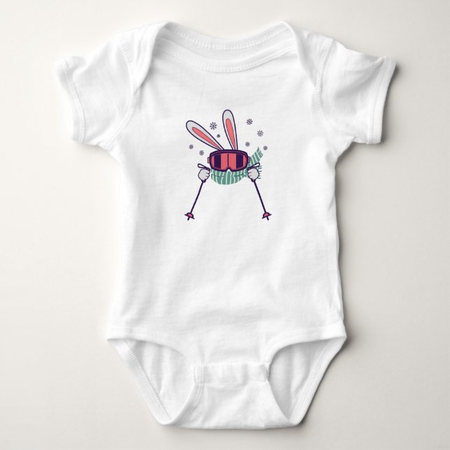 Skiing Rabbit with ski poles ski goggles and scarf Baby Bodysuit (Front)