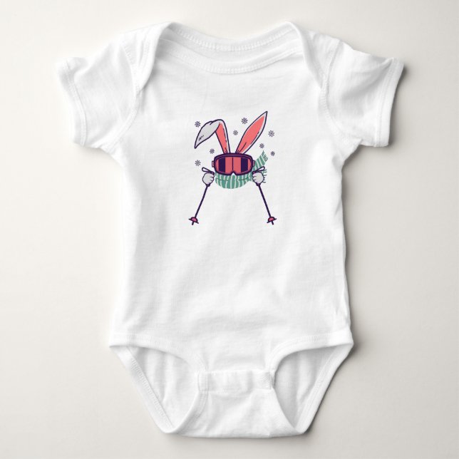 Skiing Rabbit with ski poles ski goggles and scarf Baby Bodysuit (Front)