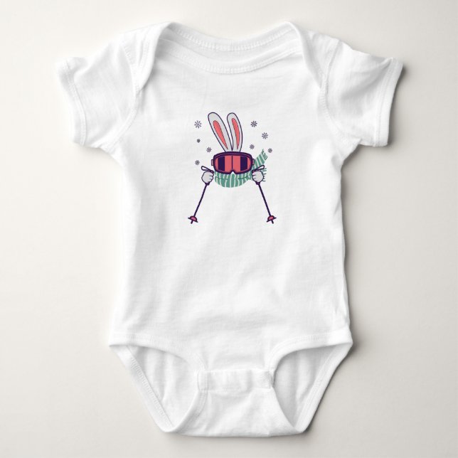Skiing Rabbit with ski poles ski goggles and scarf Baby Bodysuit (Front)