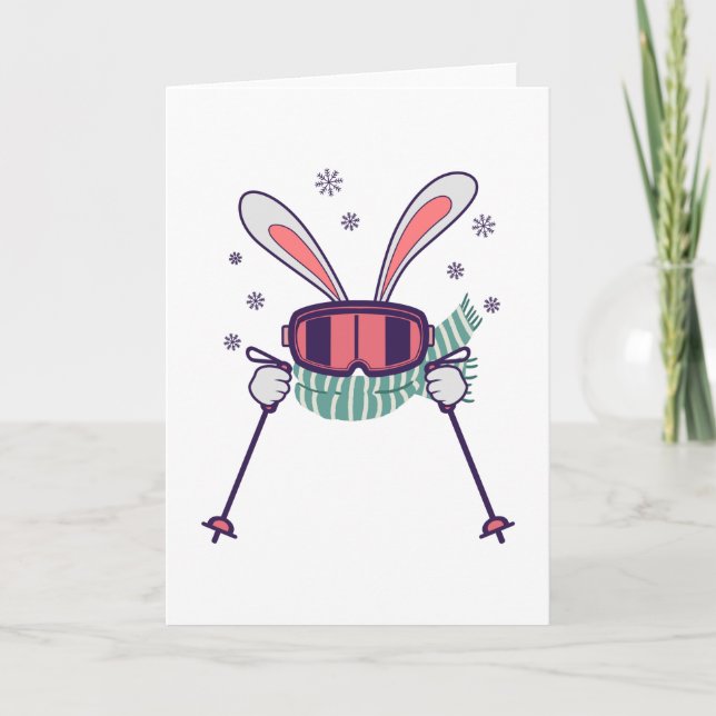 Skiing Rabbit with ski poles ski goggles and scarf Card (Front)