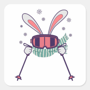 Skiing Rabbit with ski poles ski goggles and scarf Square Sticker