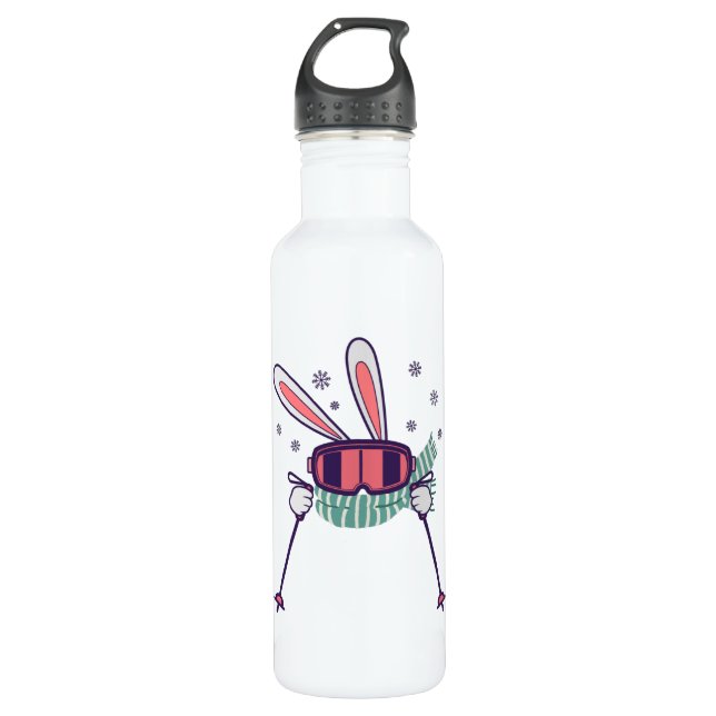 Skiing Rabbit with ski poles ski goggles and scarf Stainless Steel Water Bottle (Front)
