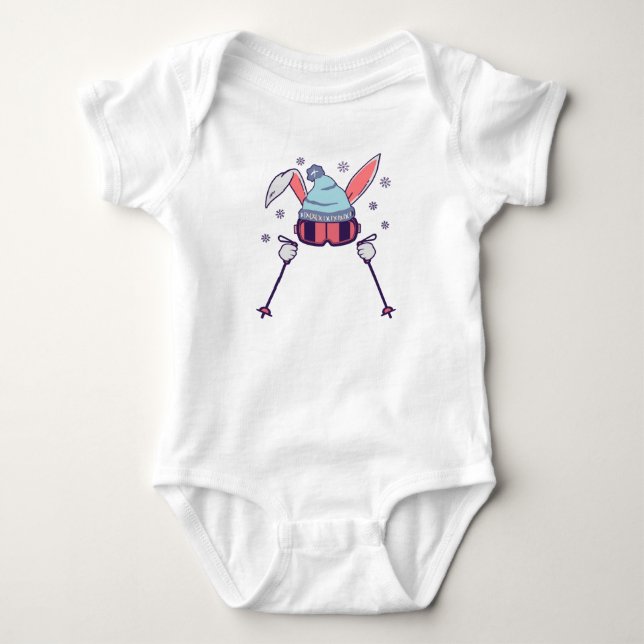 Skiing Rabbit with ski poles ski goggles ski cap Baby Bodysuit (Front)