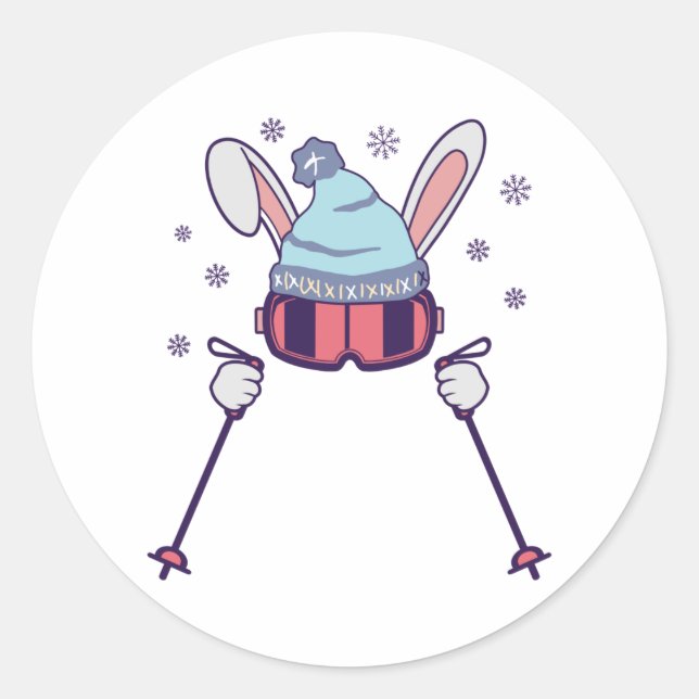Skiing Rabbit with ski poles ski goggles ski cap Classic Round Sticker (Front)