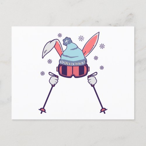 Skiing Rabbit with ski poles ski goggles ski cap Postcard