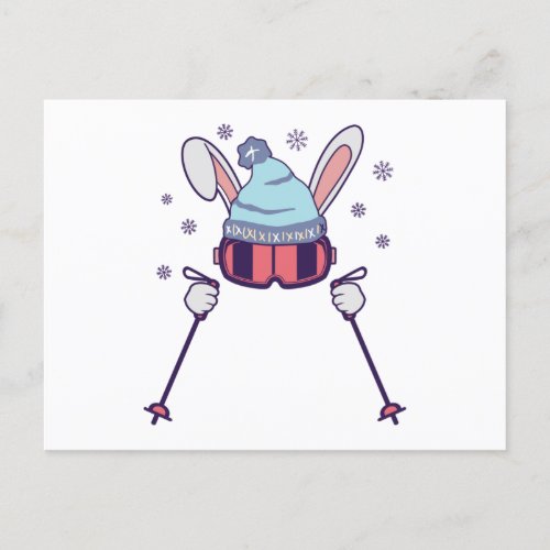 Skiing Rabbit with ski poles ski goggles ski cap Postcard