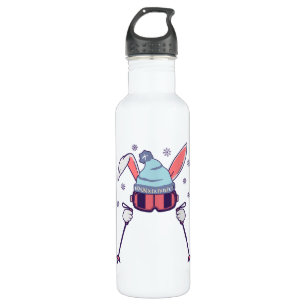 Skiing Rabbit with ski poles ski goggles ski cap Stainless Steel Water Bottle