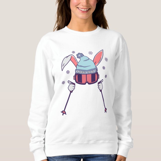 Skiing Rabbit with ski poles ski goggles ski cap Sweatshirt (Front)