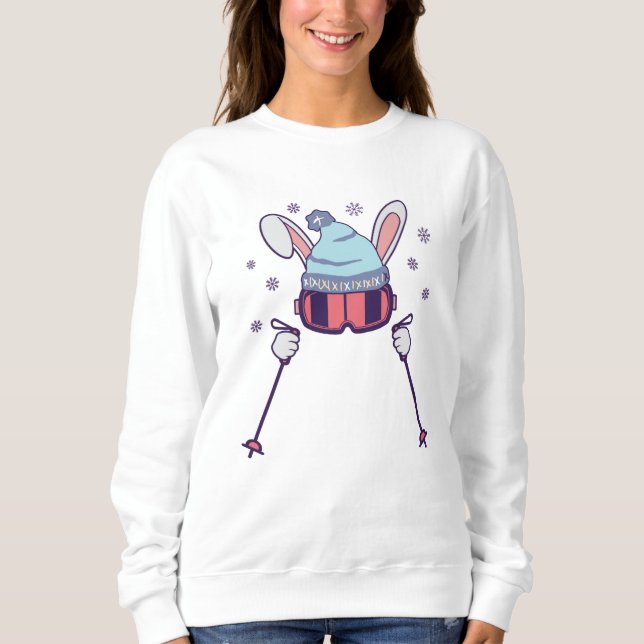 Skiing Rabbit with ski poles ski goggles ski cap Sweatshirt (Front)