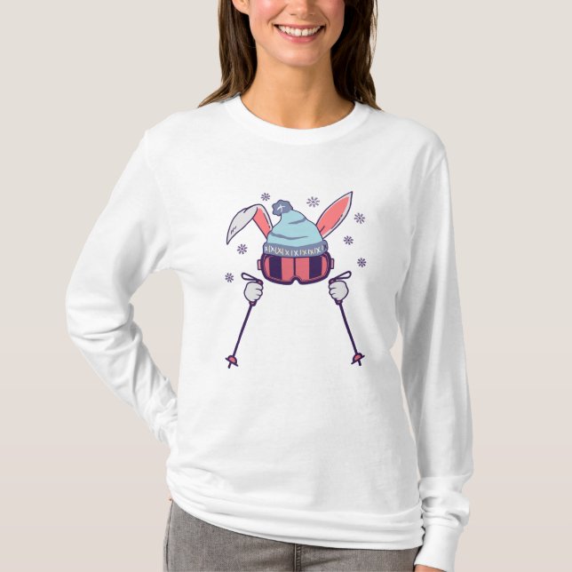 Skiing Rabbit with ski poles ski goggles ski cap T-Shirt (Front)