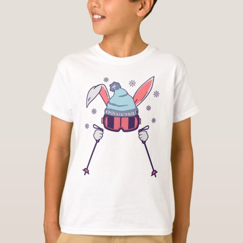 Skiing Rabbit with ski poles ski goggles ski cap T_Shirt