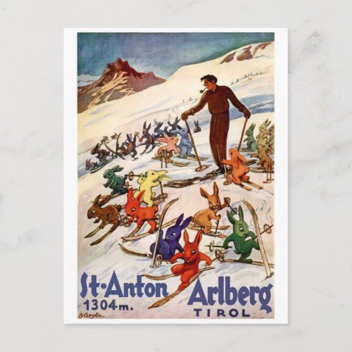 Skiing Rabbits on St Anton Tyrol Austria Postcard
