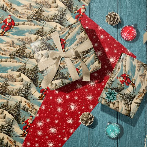 Skiing Retro Santa Wrapping Paper Sheets