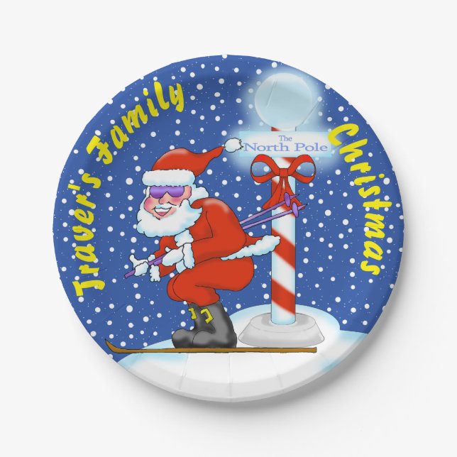 Skiing Santa at the North Pole Paper Plates (Front)