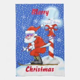 Skiing Santa Christmas Kitchen Towel