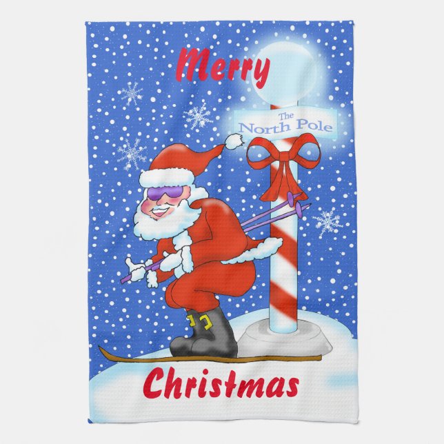 Skiing Santa Christmas Kitchen Towel (Vertical)