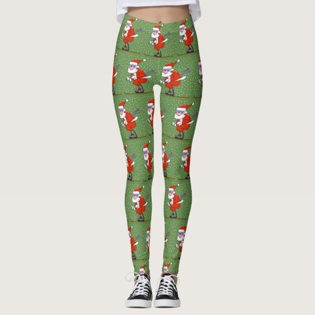 Skiing Santa Christmas Leggings (Front)