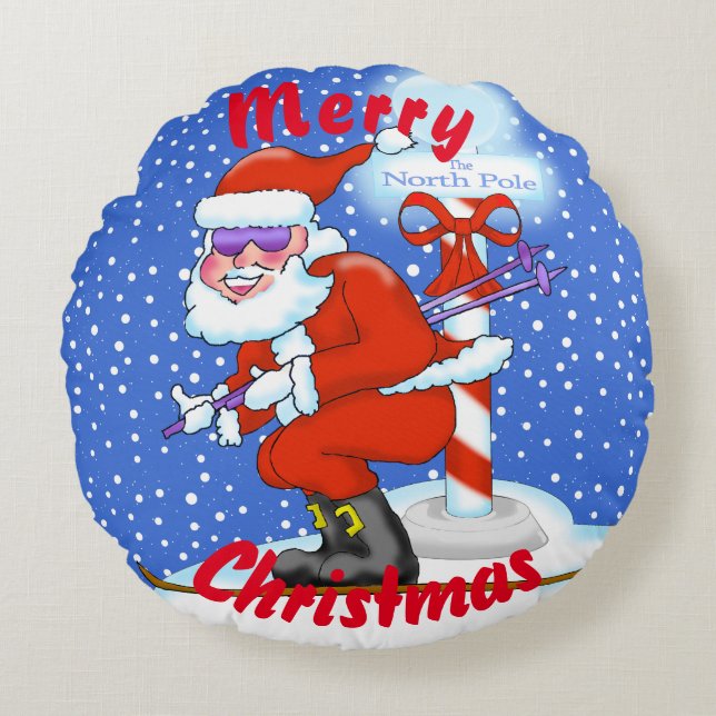 Skiing Santa Christmas Pillow (Front)