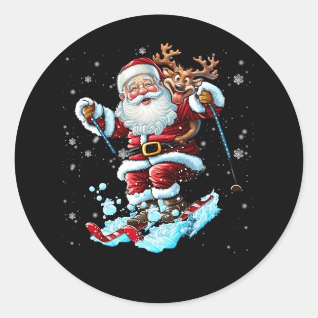 Skiing Santa Christmas Ski Winter Sport X-Mas Paja Classic Round Sticker (Front)