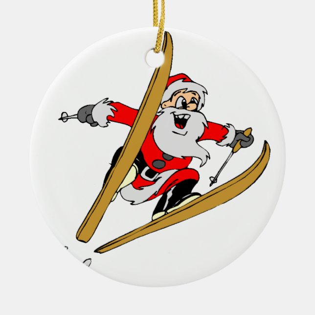 Skiing Santa Claus Ceramic Ornament (Front)