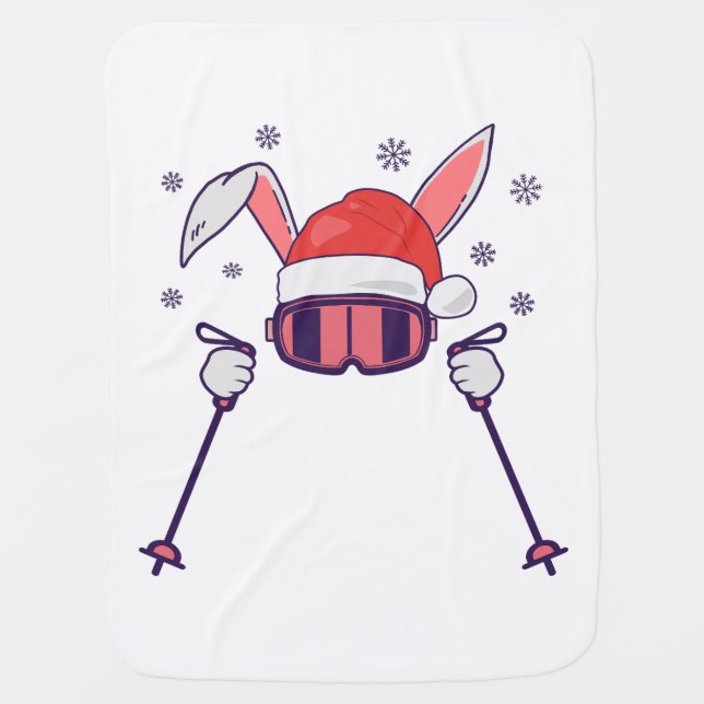 Skiing Santa Rabbit with Santa Hat and ski poles S Baby Blanket (Front)