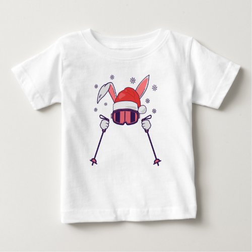 Skiing Santa Rabbit with Santa Hat and ski poles S Baby T_Shirt