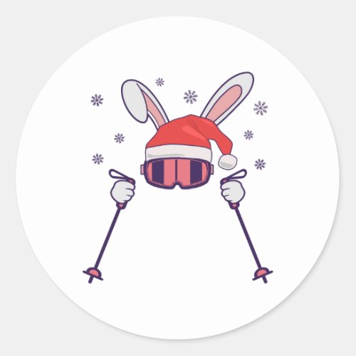 Skiing Santa Rabbit with Santa Hat and ski poles S Classic Round Sticker