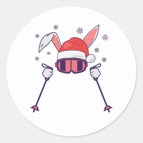 Skiing Santa Rabbit with Santa Hat and ski poles S Classic Round Sticker