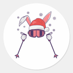 Skiing Santa Rabbit with Santa Hat and ski poles S Classic Round Sticker
