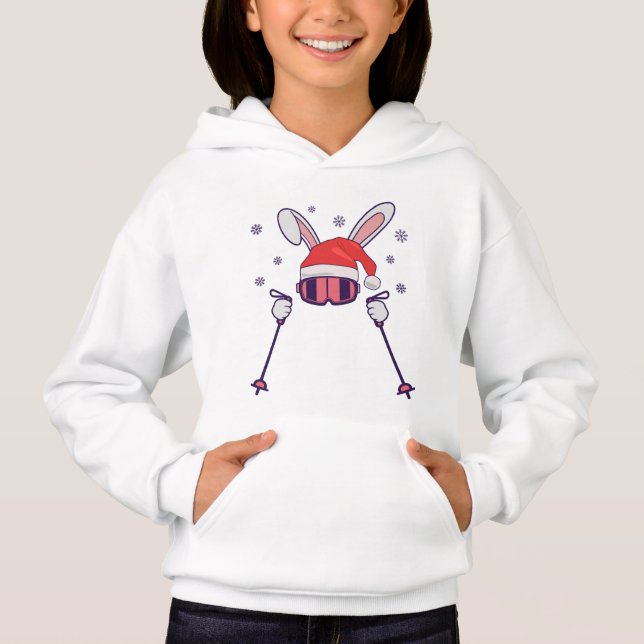 Skiing Santa Rabbit with Santa Hat and ski poles S Hoodie (Front)