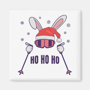 Skiing Santa Rabbit with Santa Hat and ski poles S Magnet