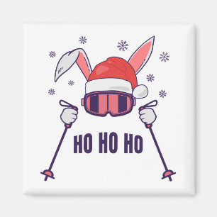 Skiing Santa Rabbit with Santa Hat and ski poles S Magnet