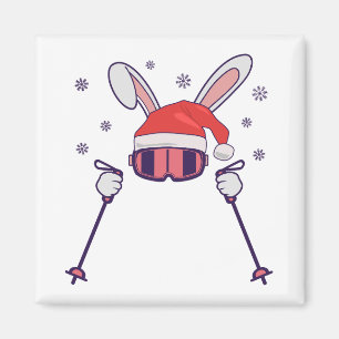 Skiing Santa Rabbit with Santa Hat and ski poles S Magnet