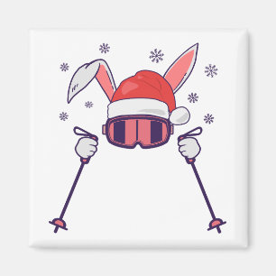 Skiing Santa Rabbit with Santa Hat and ski poles S Magnet