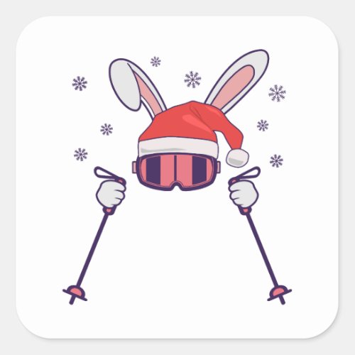 Skiing Santa Rabbit with Santa Hat and ski poles S Square Sticker