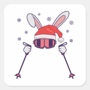 Skiing Santa Rabbit with Santa Hat and ski poles S Square Sticker
