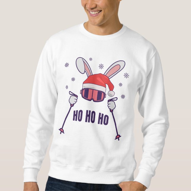 Skiing Santa Rabbit with Santa Hat and ski poles S Sweatshirt (Front)