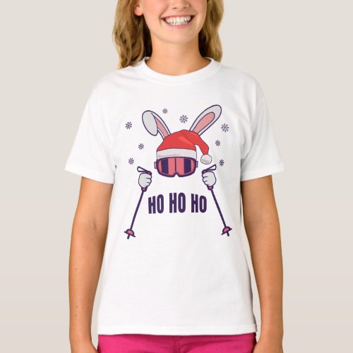 Skiing Santa Rabbit with Santa Hat and ski poles S T_Shirt