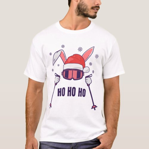 Skiing Santa Rabbit with Santa Hat and ski poles S T_Shirt