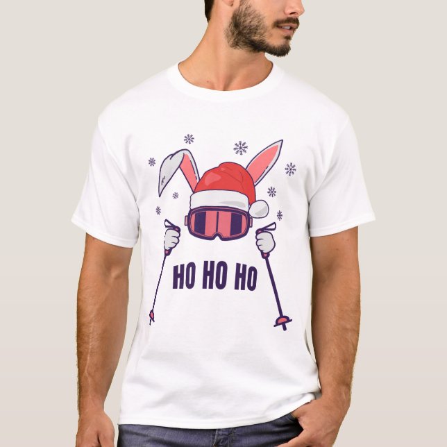 Skiing Santa Rabbit with Santa Hat and ski poles S T-Shirt (Front)
