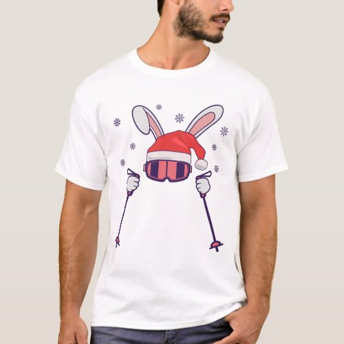 Skiing Santa Rabbit with Santa Hat and ski poles S T_Shirt