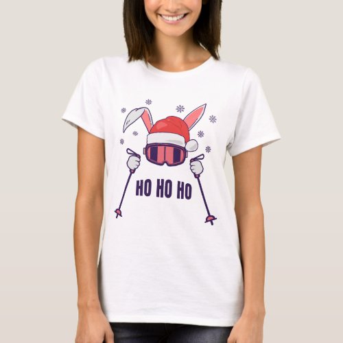 Skiing Santa Rabbit with Santa Hat and ski poles S T_Shirt