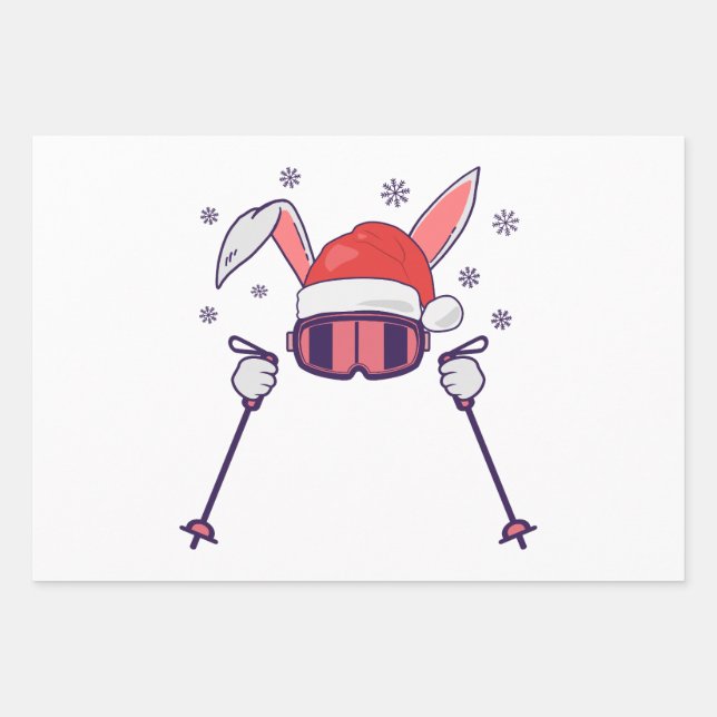 Skiing Santa Rabbit with Santa Hat and ski poles S Wrapping Paper Sheets (Front)