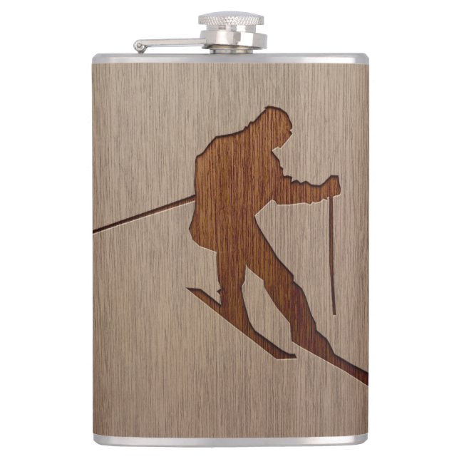 Skiing silhouette engraved on wood design hip flask (Front)