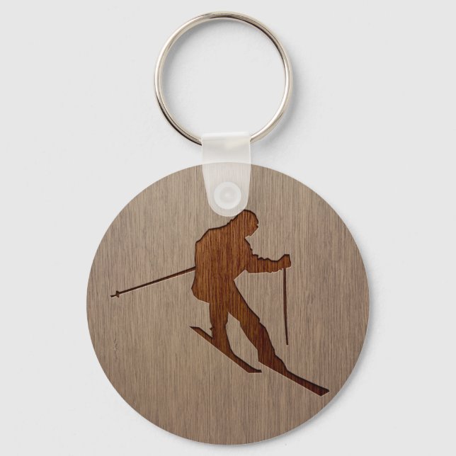 Skiing silhouette engraved on wood design keychain (Front)