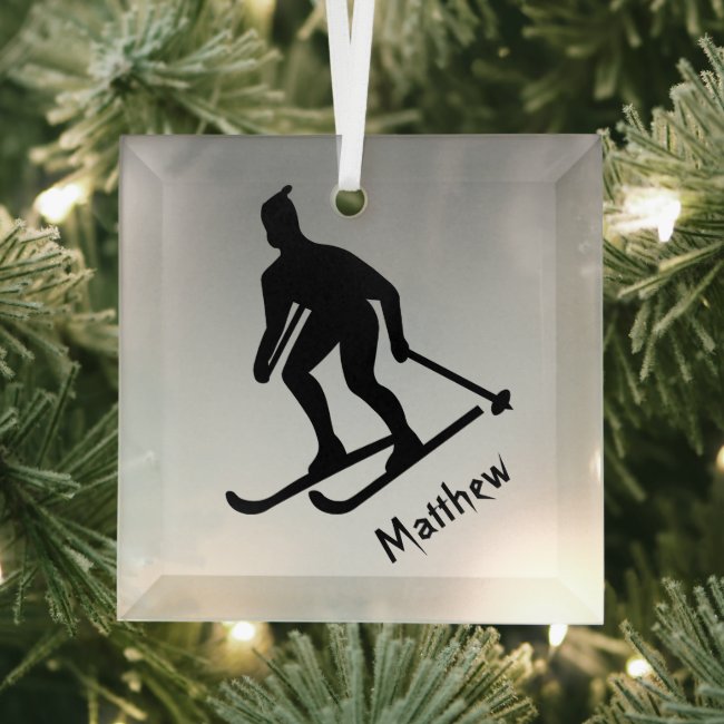 Skiing Silver Black Sports Beveled Glass Ornament