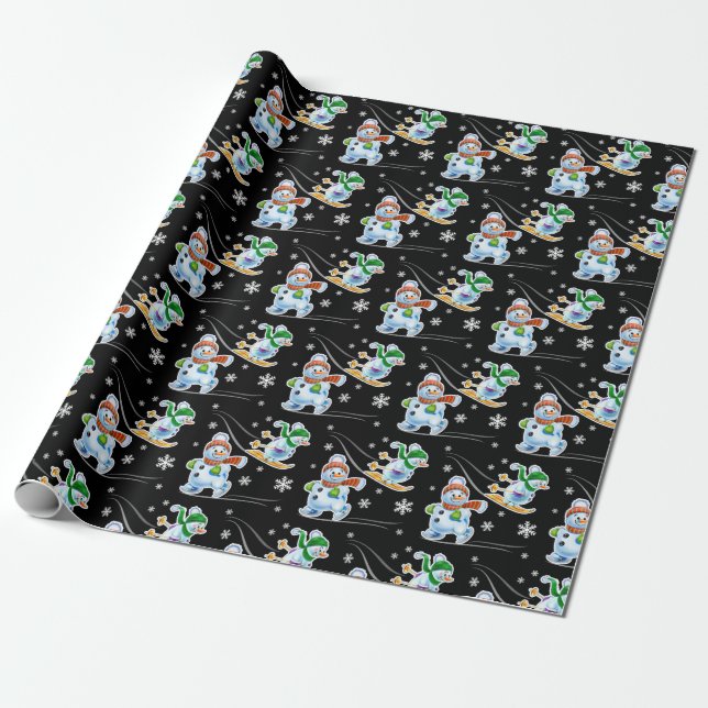 Skiing Skating snowmen matte black Wrapping Paper (Unrolled)