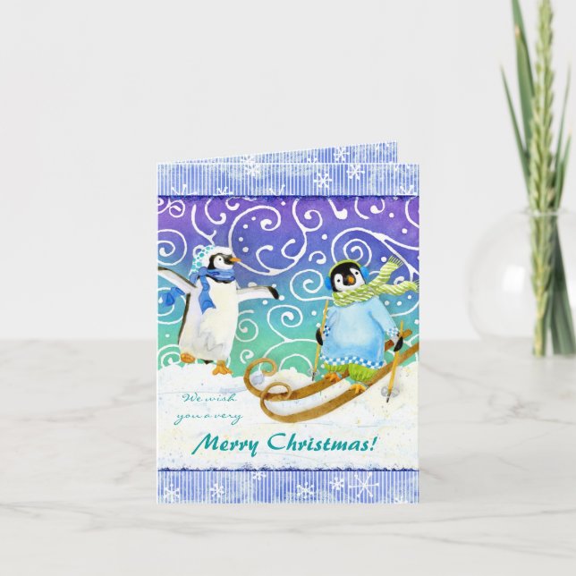Skiing Ski Penguin Christmas Photo Card (Front)