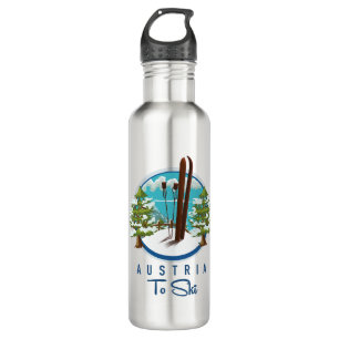 Skiing, ski poster logo. stainless steel water bottle